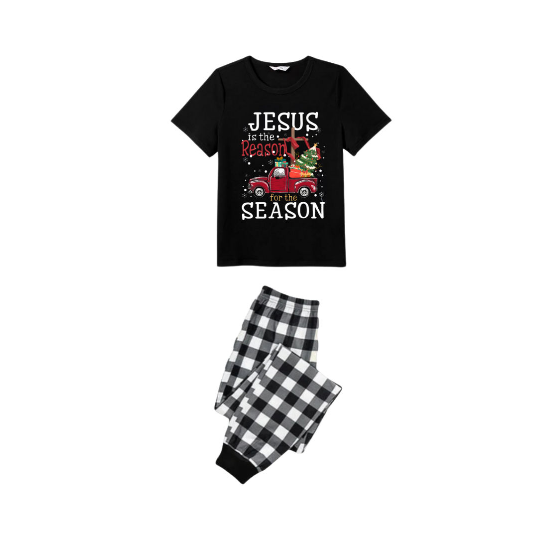 Drune | Paar Schwarz und Weiß Karierter Weihnachten Kurzarm Pyjama Set Mit "Jesus ist der Grund für die Saison" Textdruck