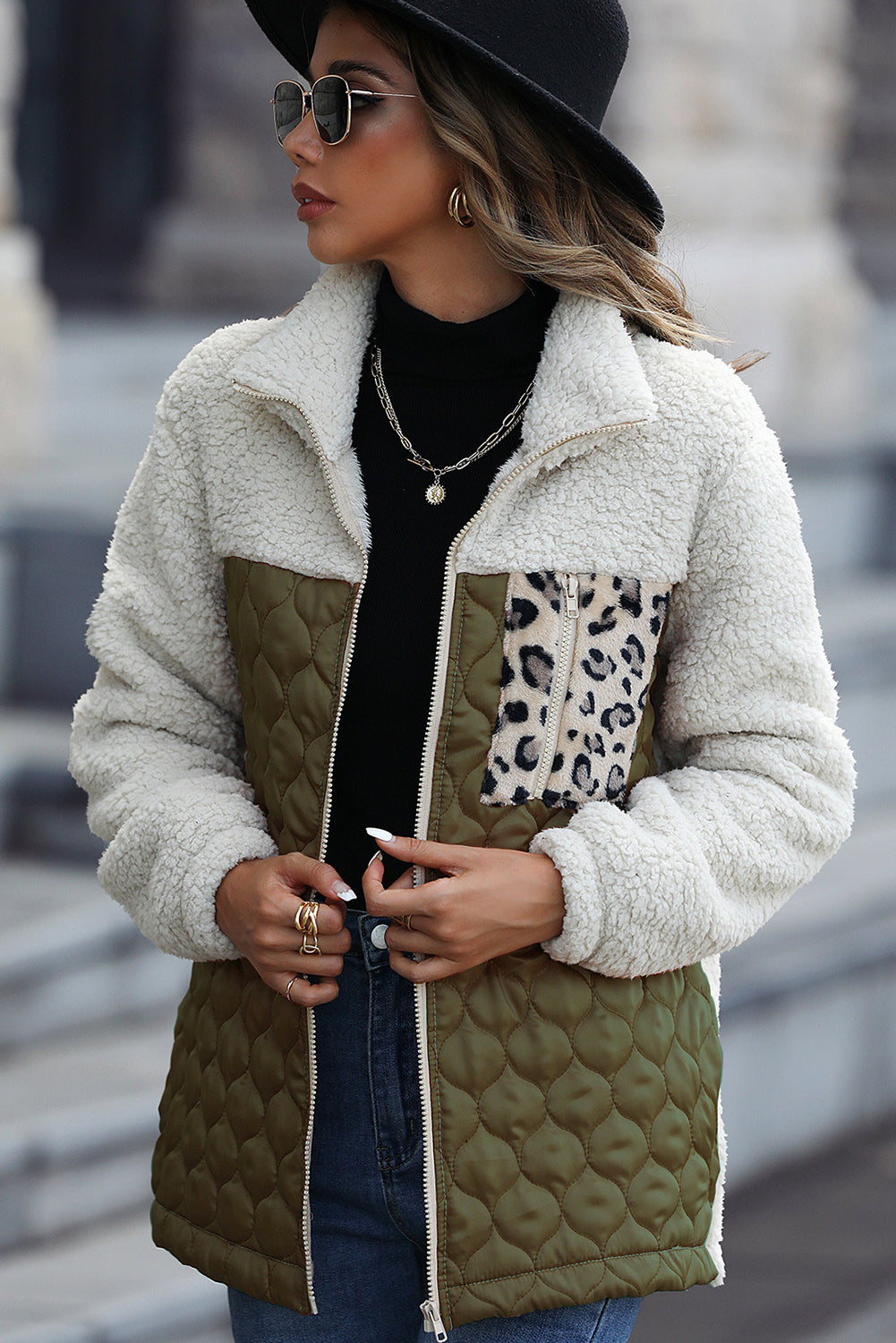 Drune | Sherpa-Jacke mit Stehkragen und Reißverschluss mit Leopardenmuster