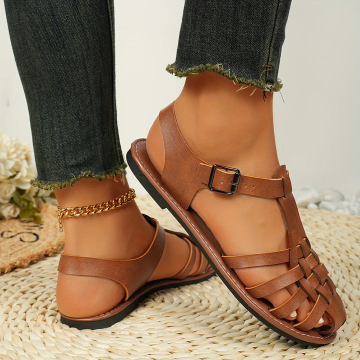 Drune | Gewebte Flache Sandalen für Damen Vintage Stil, Geschlossener Zeh, Schnallenverschluss