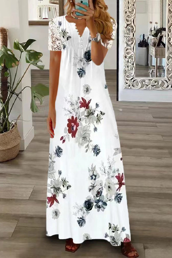 Drune | Boho Floral V-Ausschnitt Knopf Spitzenärmel Ferien Strand Maxikleid