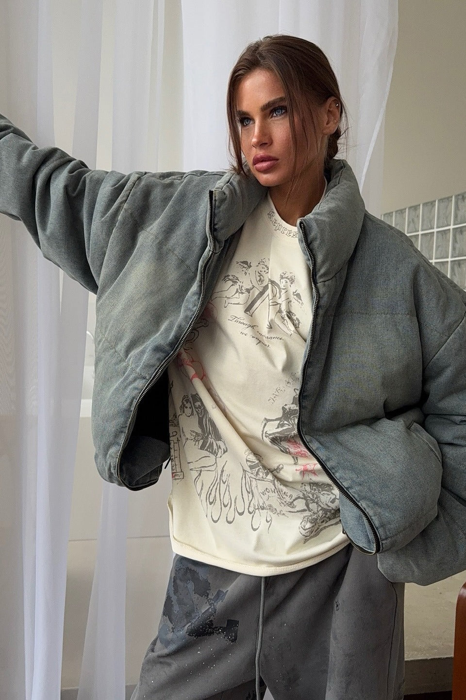 Drune | Denim Stehkragen Pufferjacke