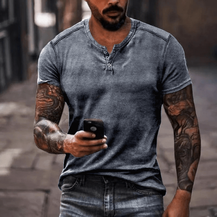 Drune | Herren Shirt Lässig Henley Kragen T-Shirt Atmungsaktives Material