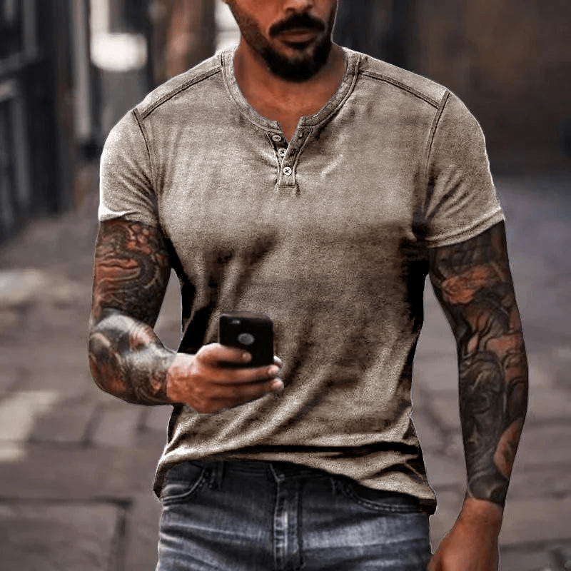 Drune | Herren Shirt Lässig Henley Kragen T-Shirt Atmungsaktives Material