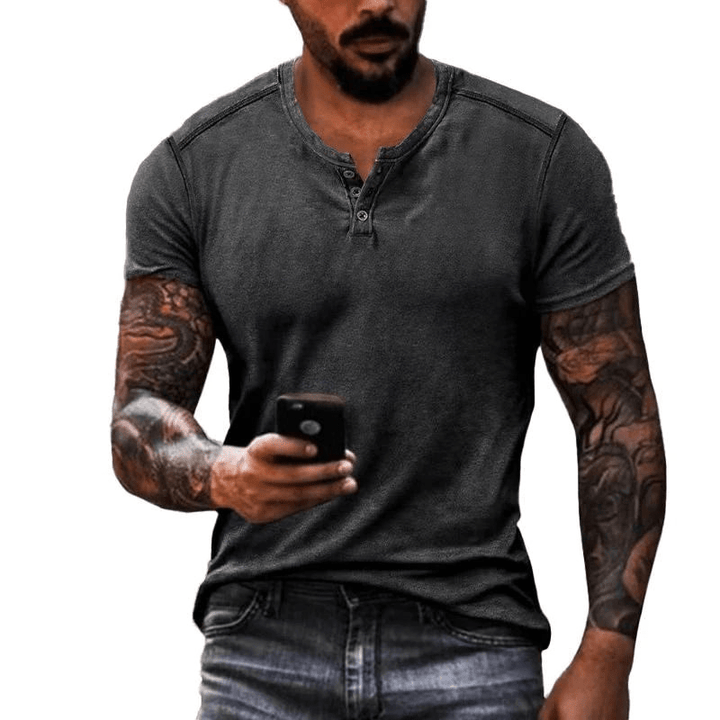Drune | Herren Shirt Lässig Henley Kragen T-Shirt Atmungsaktives Material