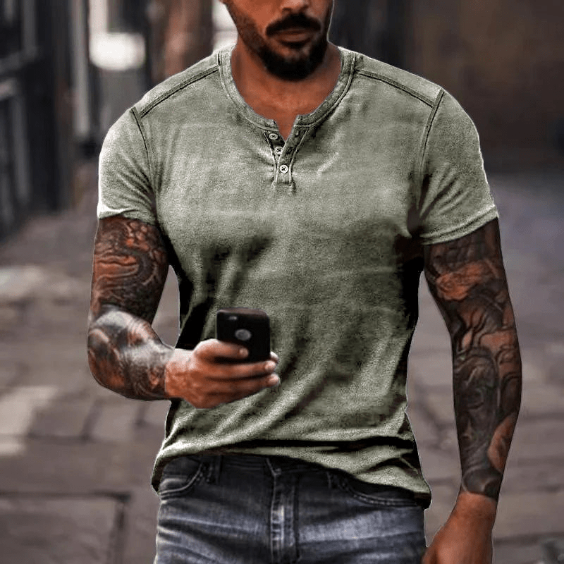 Drune | Herren Shirt Lässig Henley Kragen T-Shirt Atmungsaktives Material