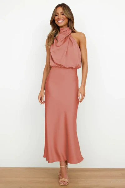 Drune | Elegantes Halter Midi Kleid Für Damen Mit Hohem Hals Und Satinlook