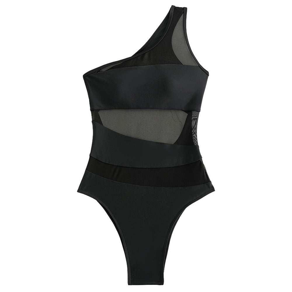 Drune | Asymmetrischer Ein Schulter Cutout Rückenpanel Transparente Mesh Brasilianischer Einteiler Badeanzug
