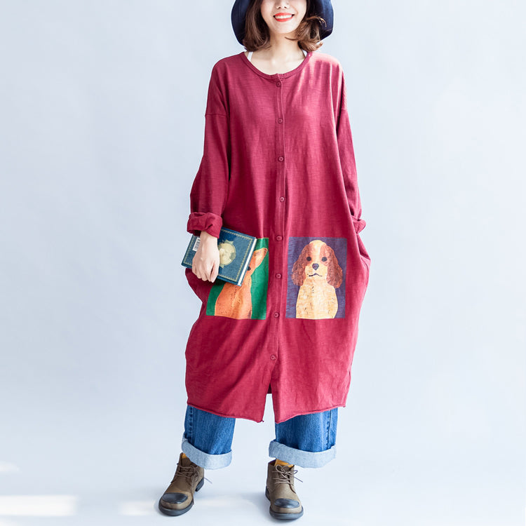 Drune | rote lässige Baumwollmäntel oversized O-Ausschnitt langärmlige Cardigans