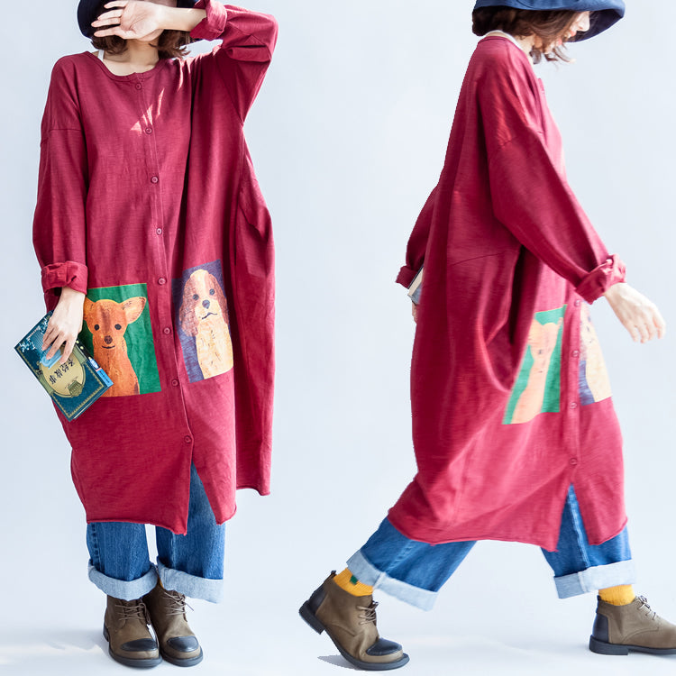 Drune | rote lässige Baumwollmäntel oversized O-Ausschnitt langärmlige Cardigans