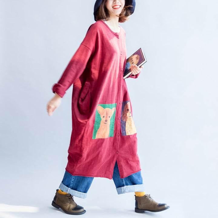 Drune | rote lässige Baumwollmäntel oversized O-Ausschnitt langärmlige Cardigans
