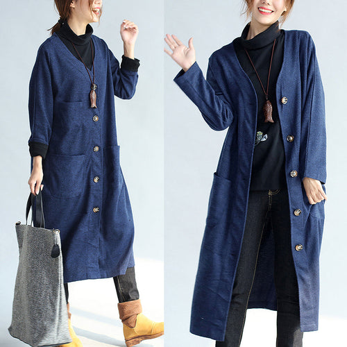 Drune | Winter warm navy Baumwoll-Trenchcoats wollene lockere Taschen V-Ausschnitt Cardigans