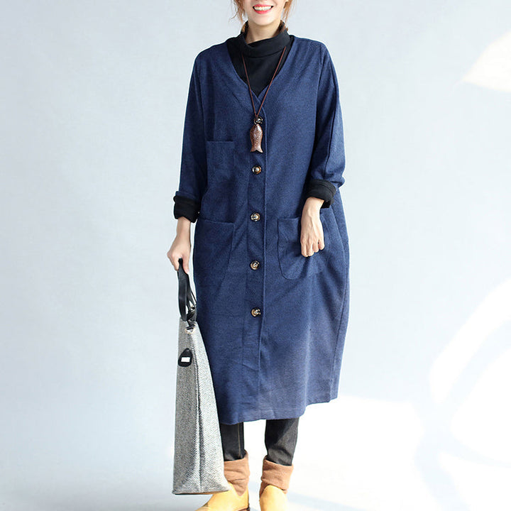Drune | Winter warm navy Baumwoll-Trenchcoats wollene lockere Taschen V-Ausschnitt Cardigans