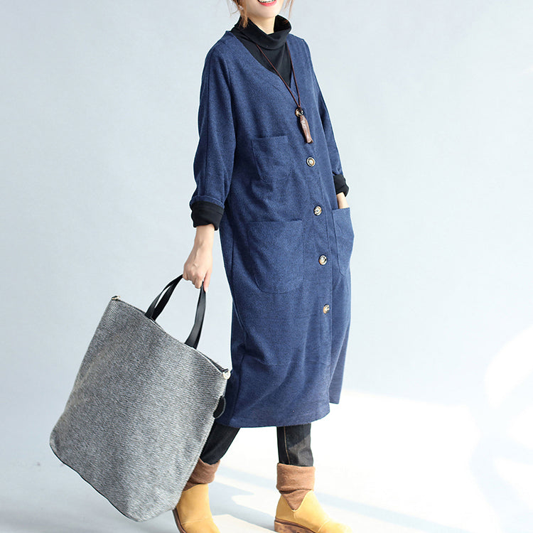 Drune | Winter warm navy Baumwoll-Trenchcoats wollene lockere Taschen V-Ausschnitt Cardigans