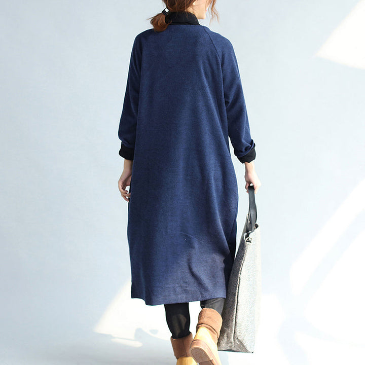 Drune | Winter warm navy Baumwoll-Trenchcoats wollene lockere Taschen V-Ausschnitt Cardigans