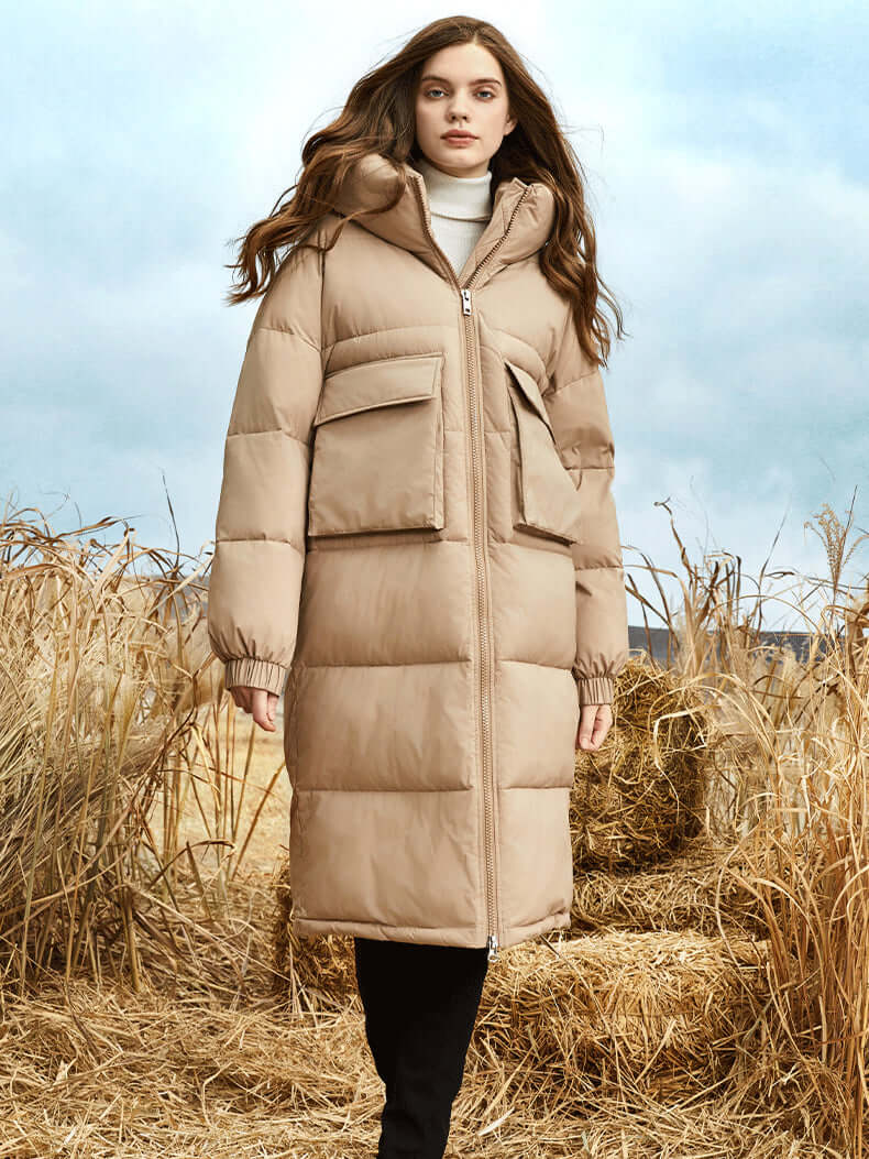 Drune | Damen Lange Winter Pufferjacke mit Kapuze
