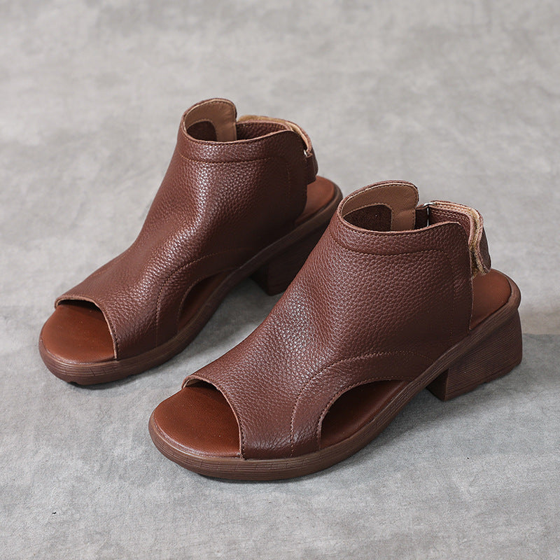 Drune | Echtes Leder Retro Künstlerische Damen Sandalen Mittelhoch Weiche Sohle