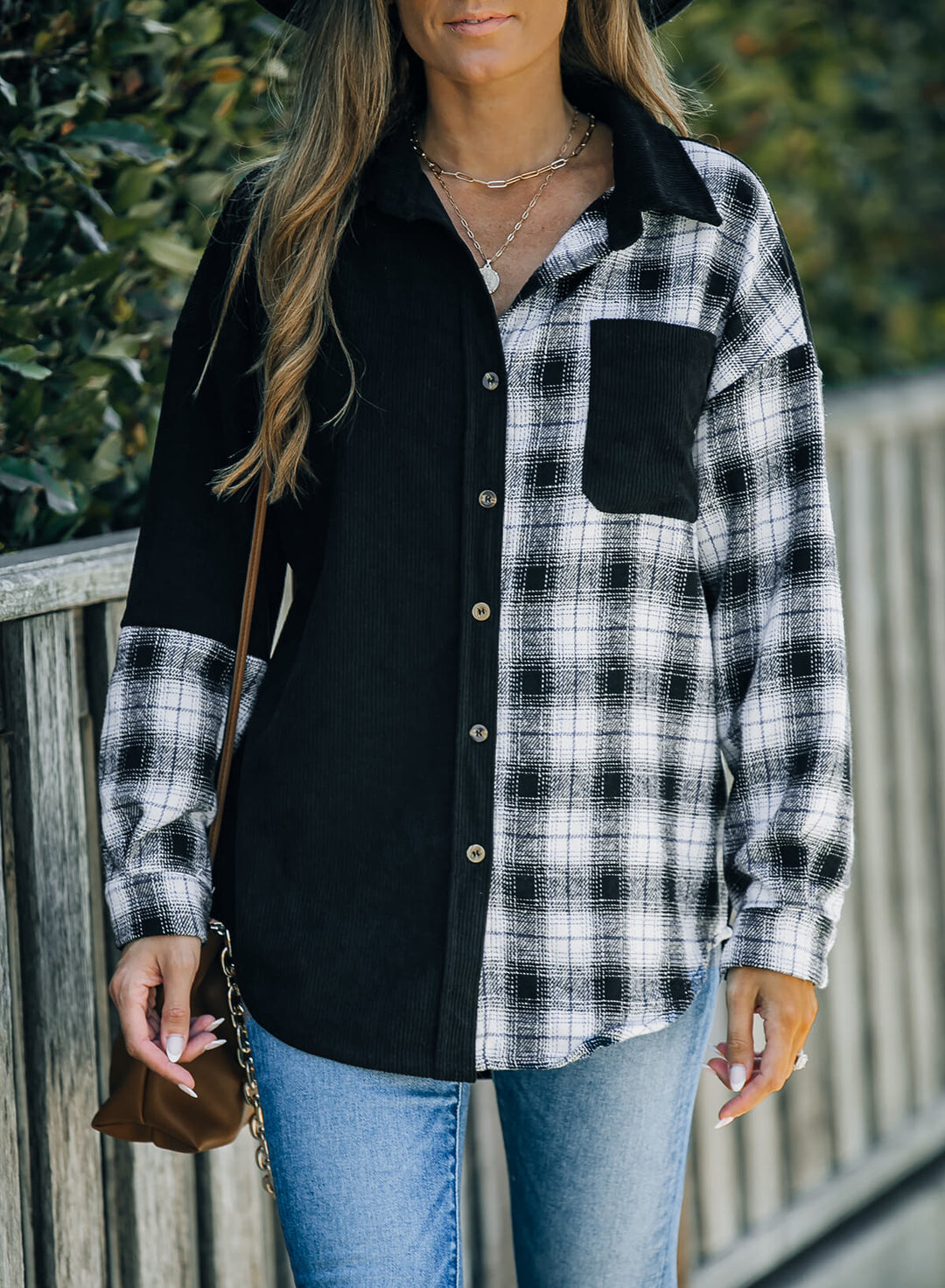 Drune | Karierte Farbblock Gefallen Schulter Corduroy Shacket