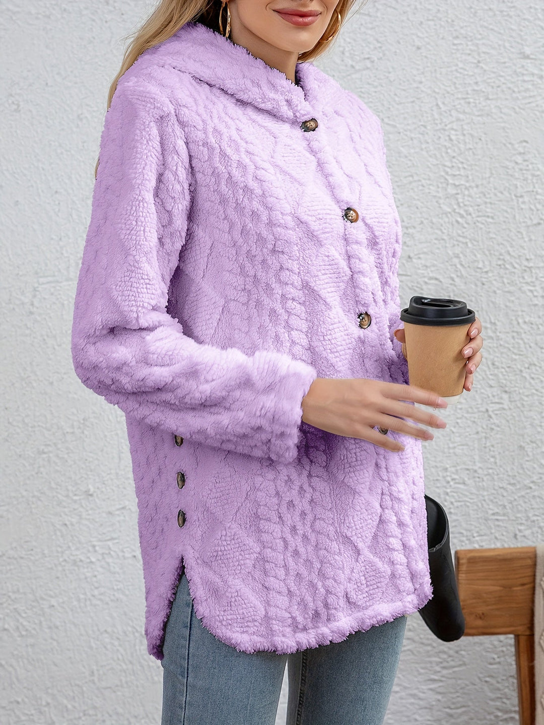 Drune | Fluffy Kapuzenjacke mit Knöpfen Polyester Weich und Warm