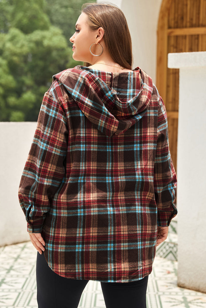 Drune | Feuerrote Plus-Size Karokängurutaschen Kapuzenpullover mit Kordelzug