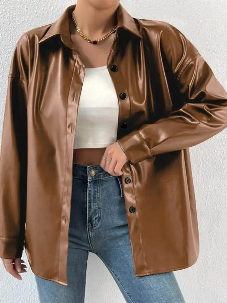 Drune | Vintage leather bomber jacket with lapel collar and button closure