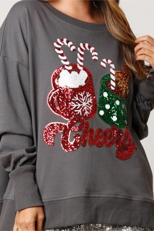 Drune | Weihnachts Süßigkeiten Tasse Pailletten Lässiger Lockere Sweatshirt