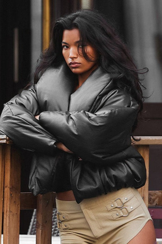 Drune | Leder Stehkragen Cropped Pufferjacke