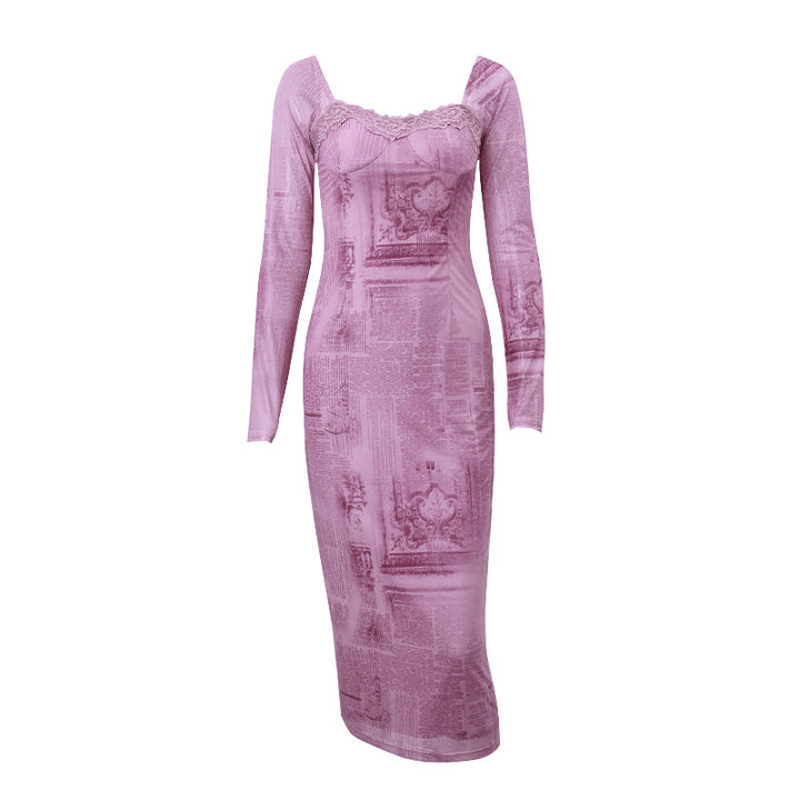 Drune Slim-Fit Kleid mit quadratischem Kragen und langen Ärmeln für Damen