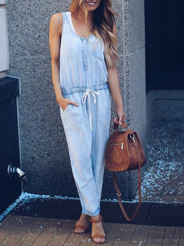 Drune | Slim Ärmellos Taille Denim Jumpsuit