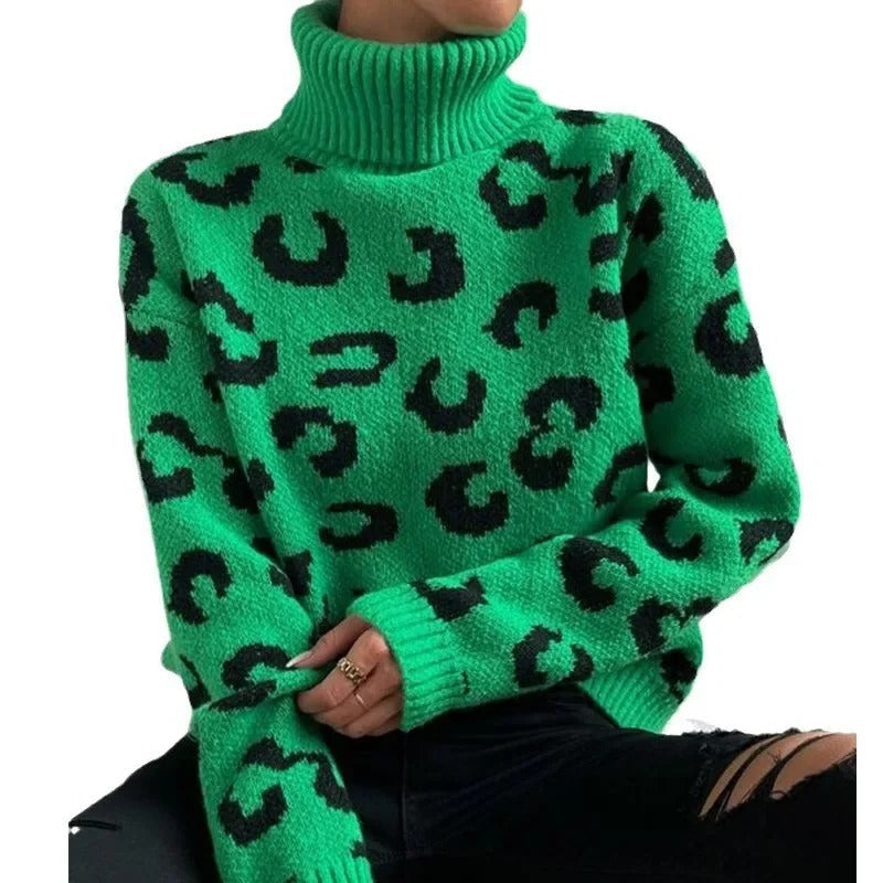 Drune | Lässiger Rollkragen-Strickpullover mit Leopardenmuster