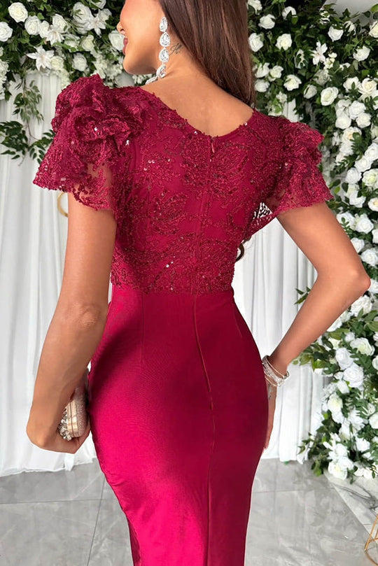 Drune | Traumhafte Luxus Spitze und Satin Patchwork Rüschenausgestellte Midi Kleid