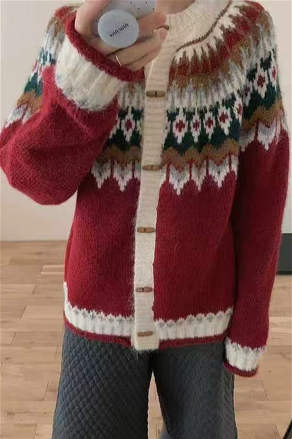 Drune | Rundhals Fair Isle Weihnachten Hornknopf Strickjacke