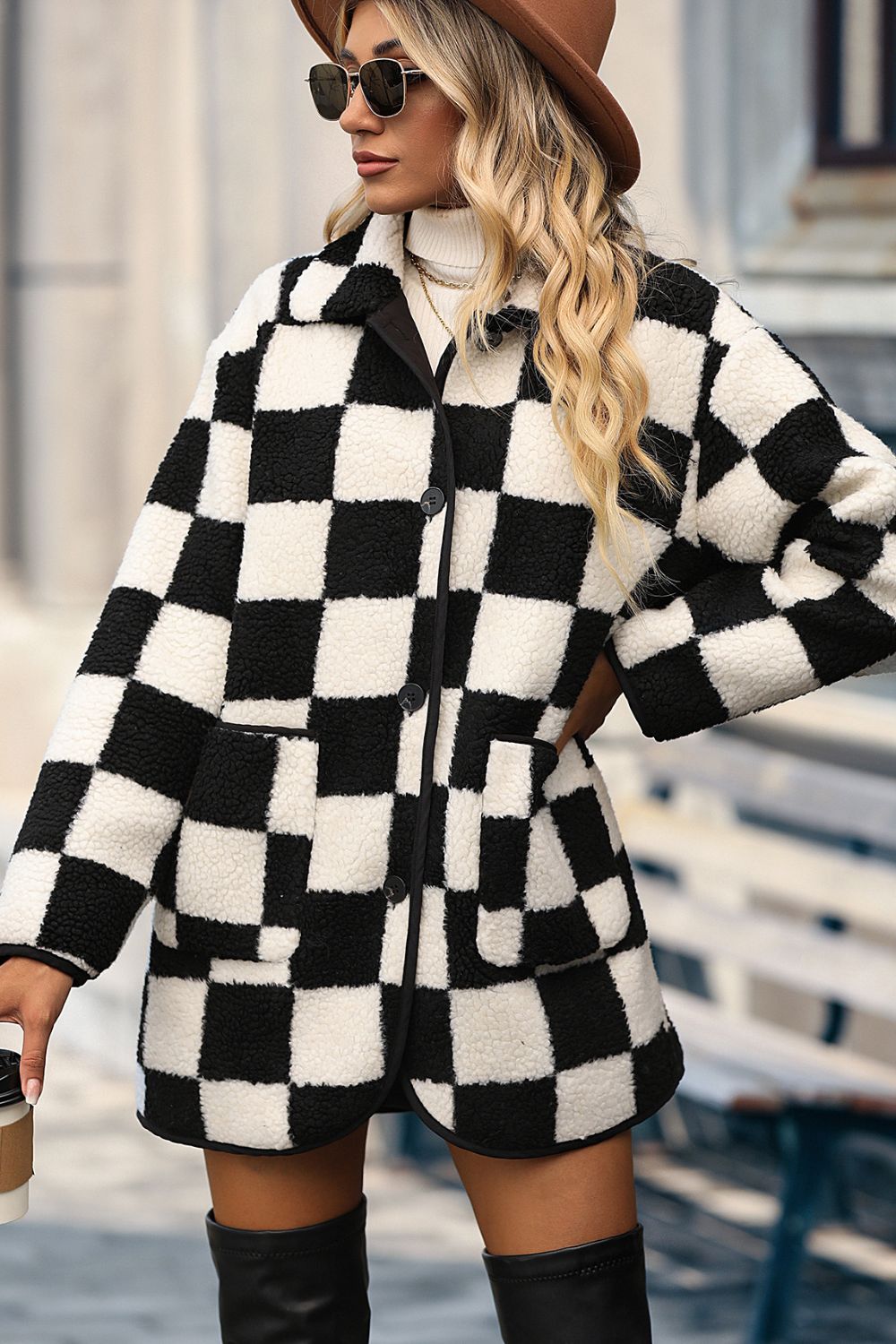 Drune | Karierter Knopfkragen Faux Fur Oberbekleidung
