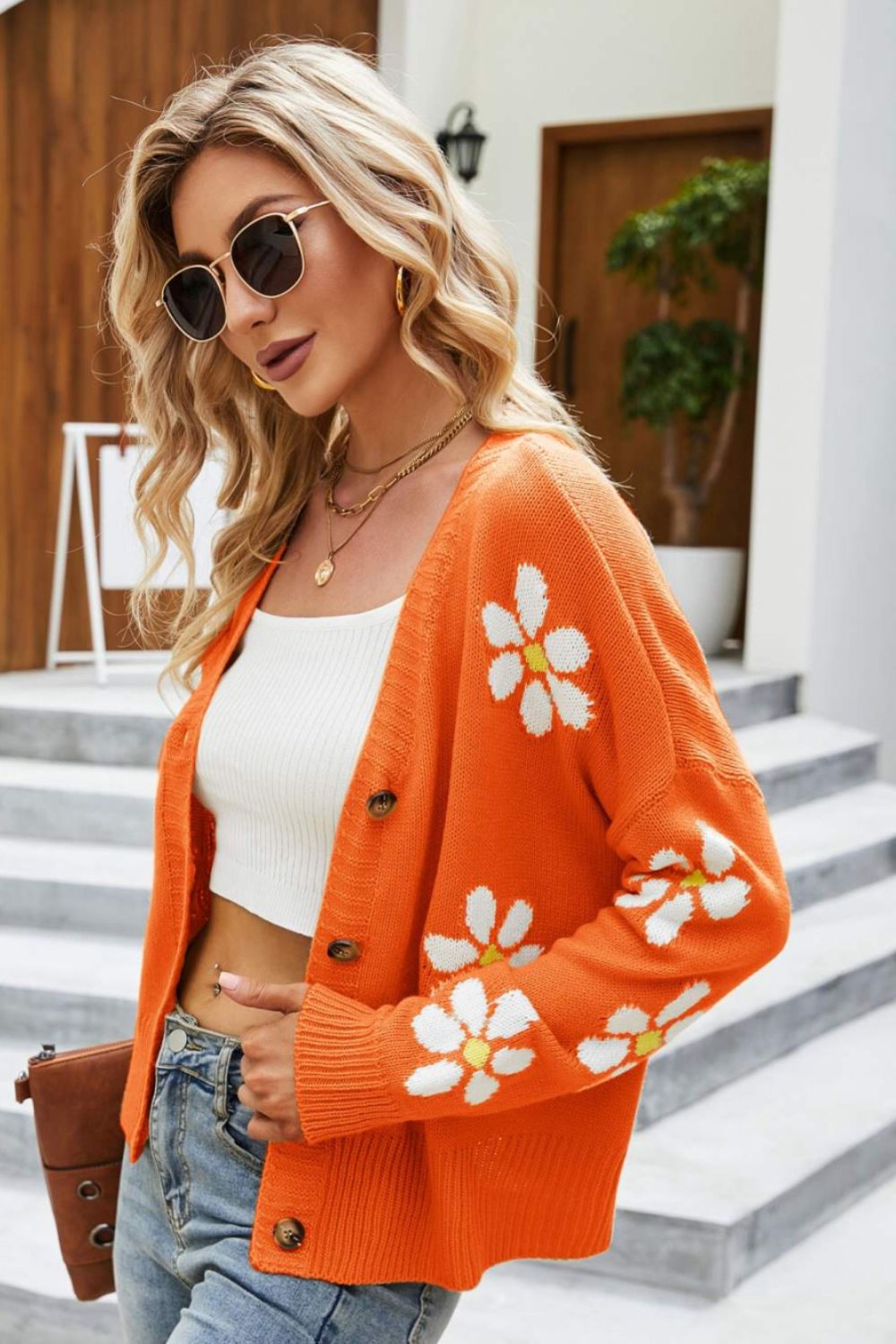 Drune | Floral Ribbed Trim Drop Shoulder Cardigan
