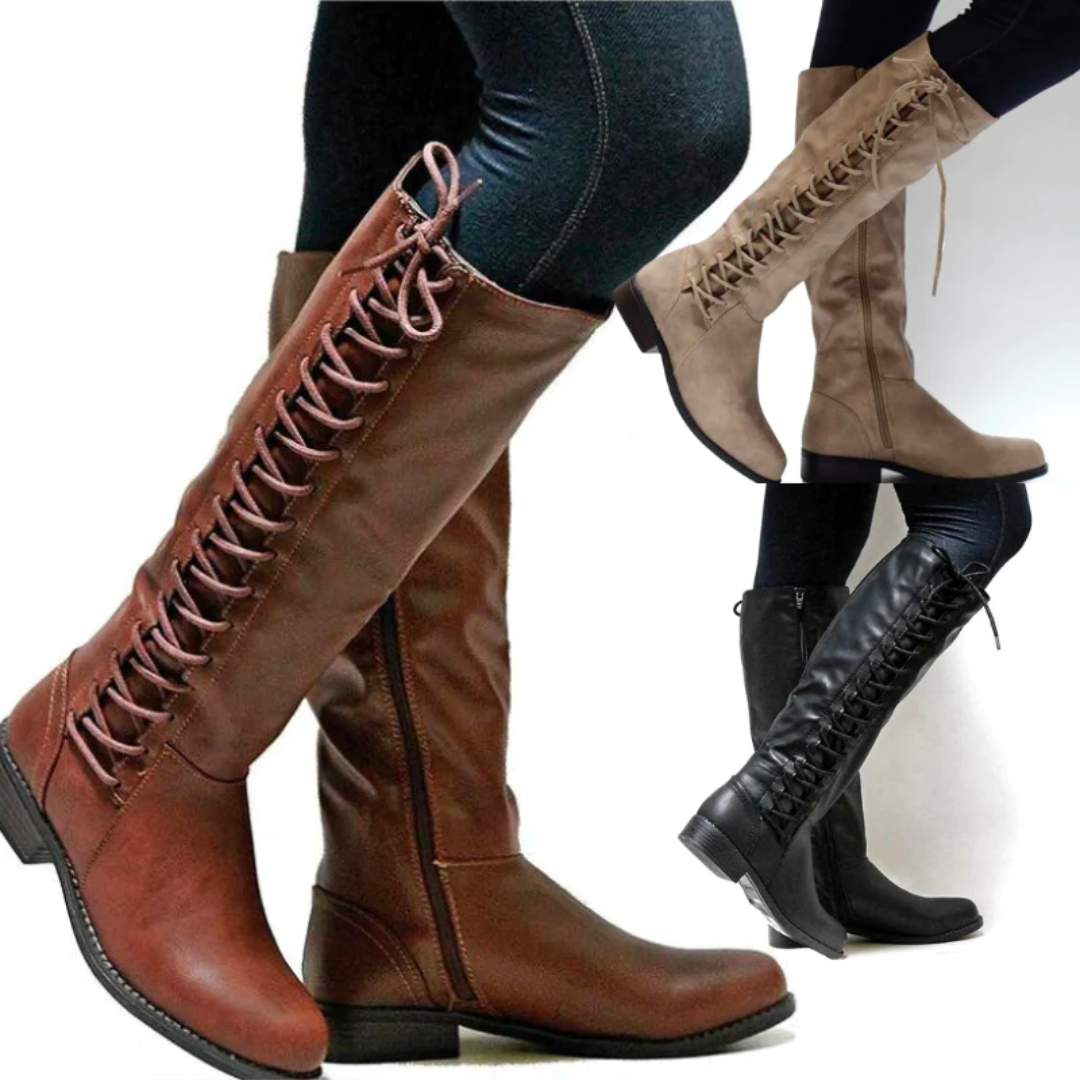 Drune | Damenstiefel mit Lederoptik, Blockabsatz, Reißverschluss und Schnürung