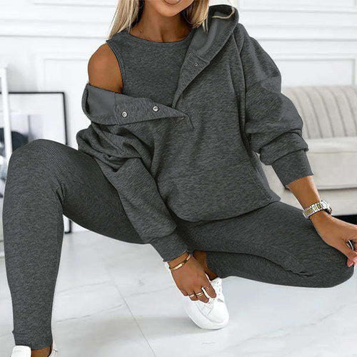 Drune | 3-teiliges Damen-Sportanzug mit lockerem Kapuzenpullover und Slim-Hosen