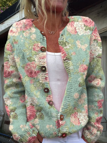 Drune | Knopflose Strickjacke mit Blumenmuster Strick Elegant und Komfortabel