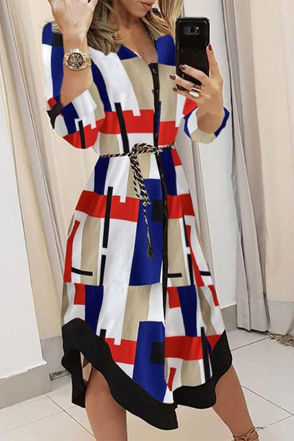 Drune | Finde Dich Gut Bedrucktes Gürtel Hemd Midi Kleid