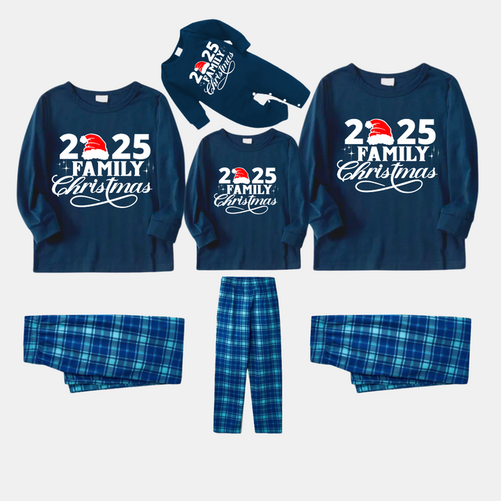 Drune | "2025 Familienweihnachten" Textdruck Blau Karierter Weihnachtsmatching-Pyjama