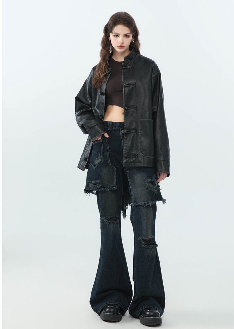 Drune | Stehkragen PU Lederjacke