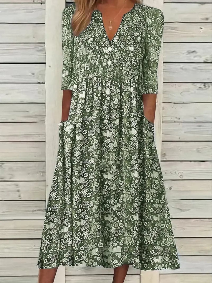 Drune | Midikleid A-Linie Passform V-Ausschnitt 3/4 Ärmel Blumenmuster