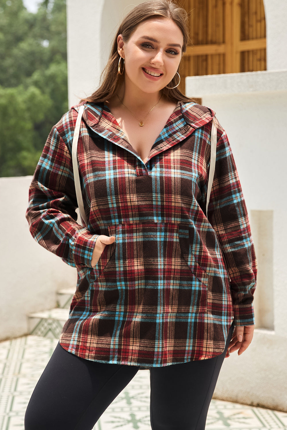 Drune | Feuerrote Plus-Size Karokängurutaschen Kapuzenpullover mit Kordelzug