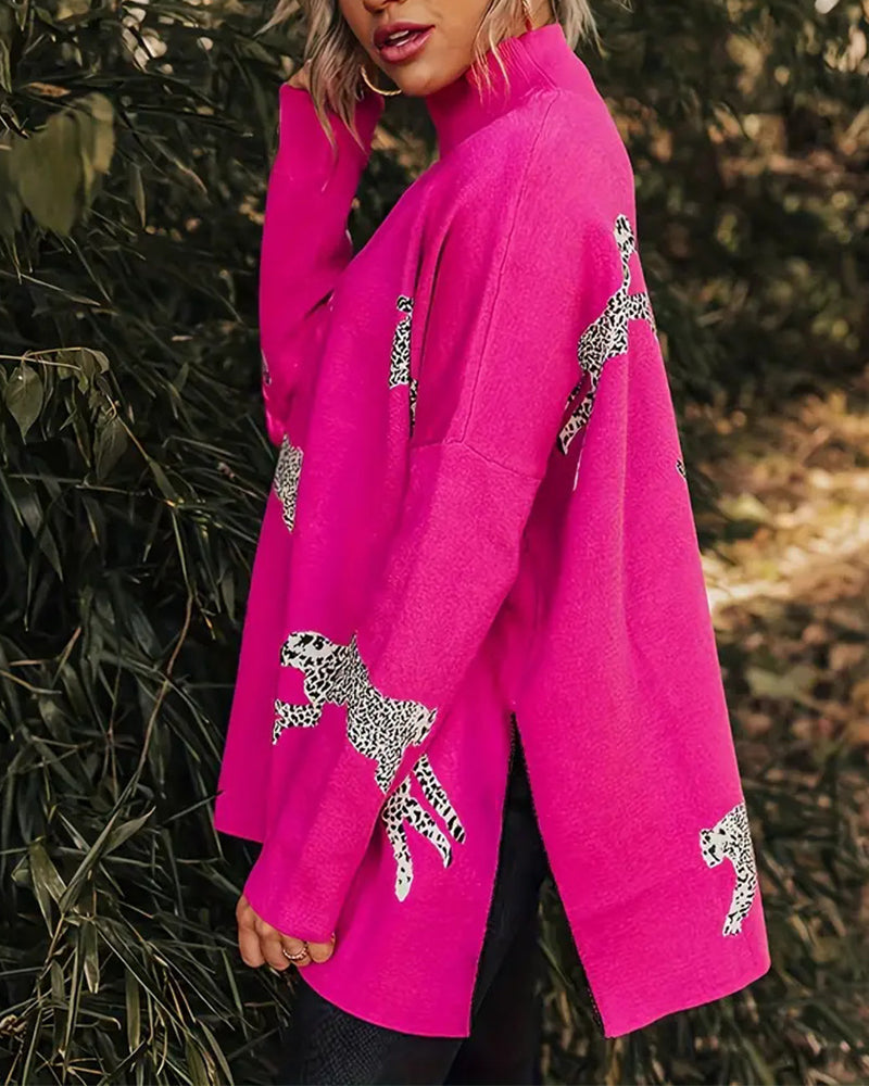 Drune | Stilvoller Lockerer Pullover mit Hohem Kragen und Leopardenmuster