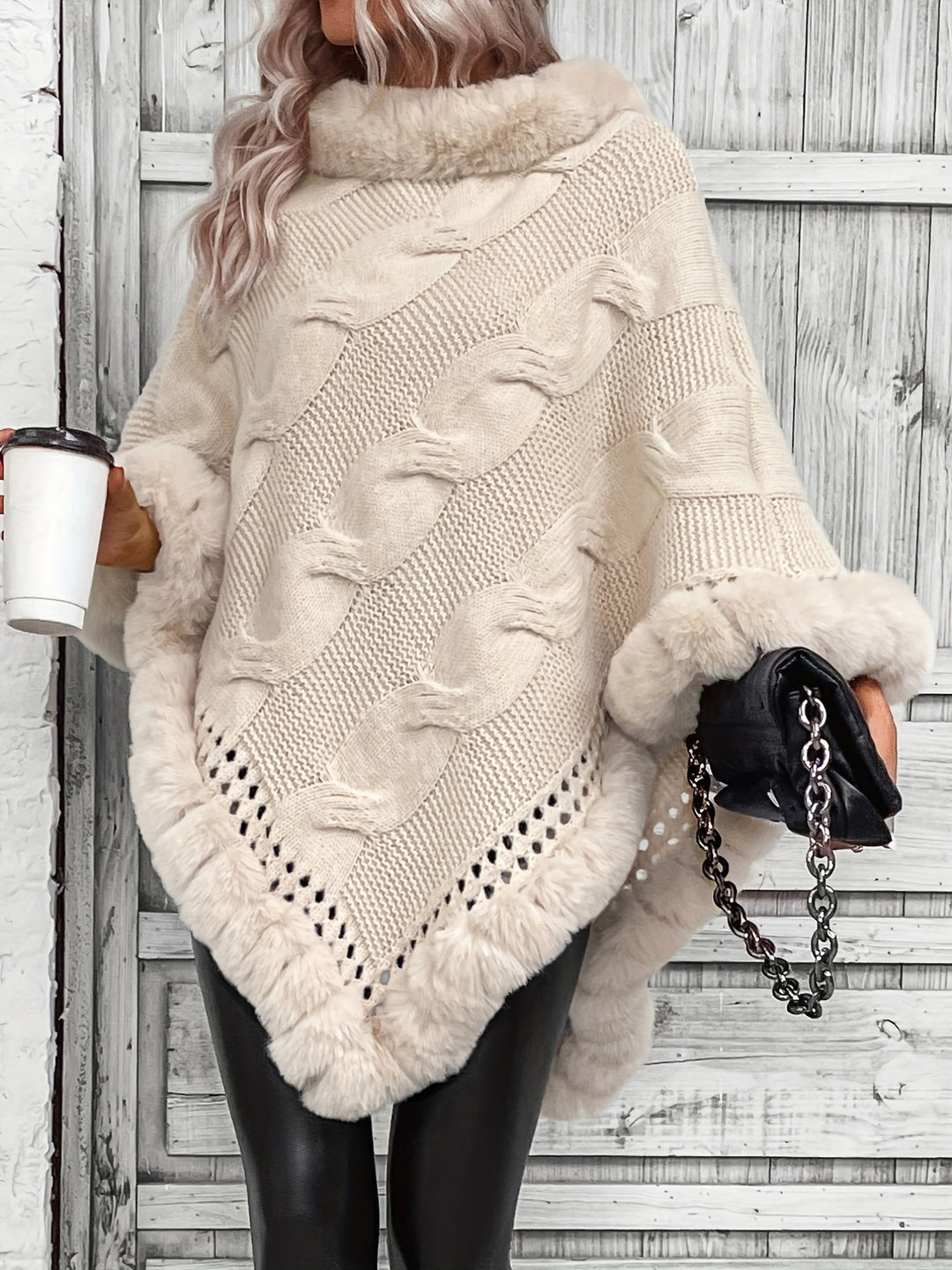 Drune | Poncho mit Kunstpelzrand und Grobstrickmuster Acryl Elegant und Warm