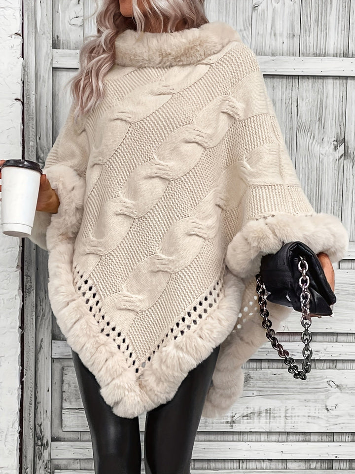 Drune | Poncho mit Kunstpelzrand und Grobstrickmuster Acryl Elegant und Warm