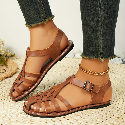 Drune | Gewebte Flache Sandalen für Damen Vintage Stil, Geschlossener Zeh, Schnallenverschluss