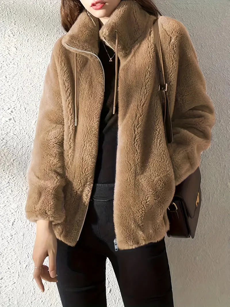 Drune | Teddyjacke Plüschfleece Übergröße Passform Hoher Kragen Reißverschluss Design