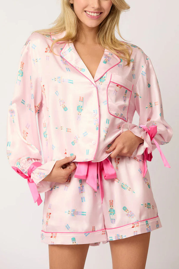 Drune | Weihnachtsdruck Schnürung Bündchen Oberteil und elastischer Taillenbund Taschen Freizeit Shorts Set