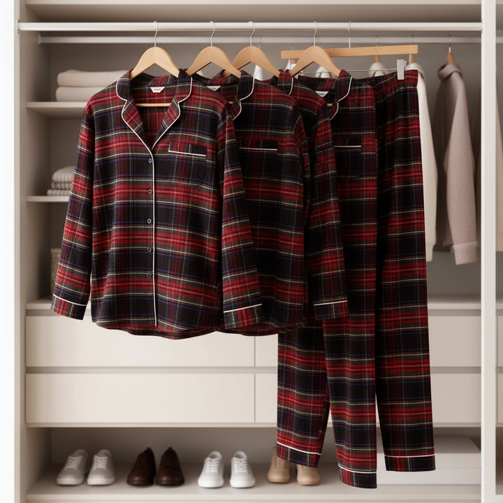Drune | Weihnachtsrot Plaid Knopf-Front Familien Pyjama Sets