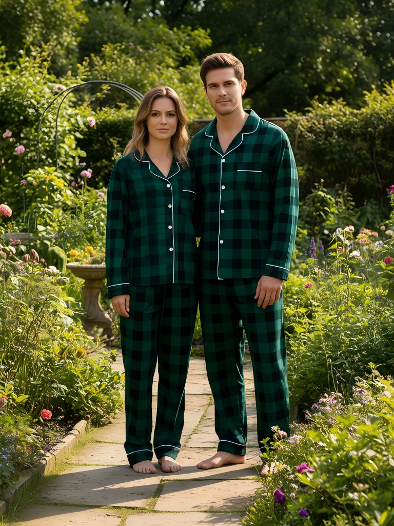 Drune | Weihnachten Familie Passende Grüne Karierte Knopf-Down Lange Ärmel Pyjama Sets