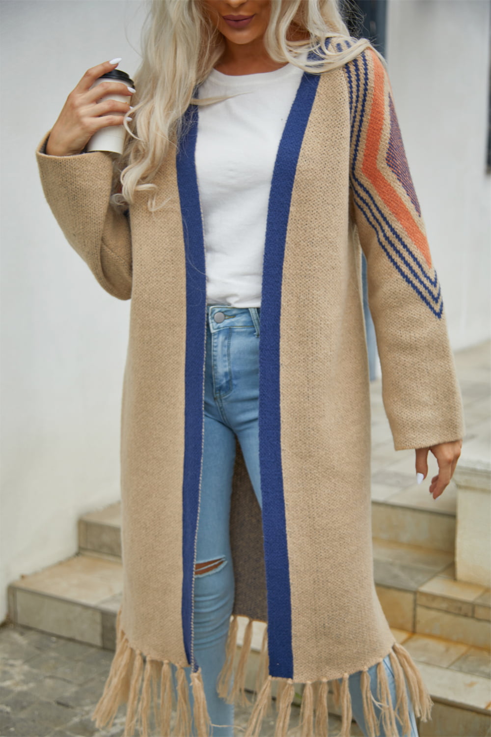 Drune | Geometric Fringe Hem Offene Front Duster Cardigan